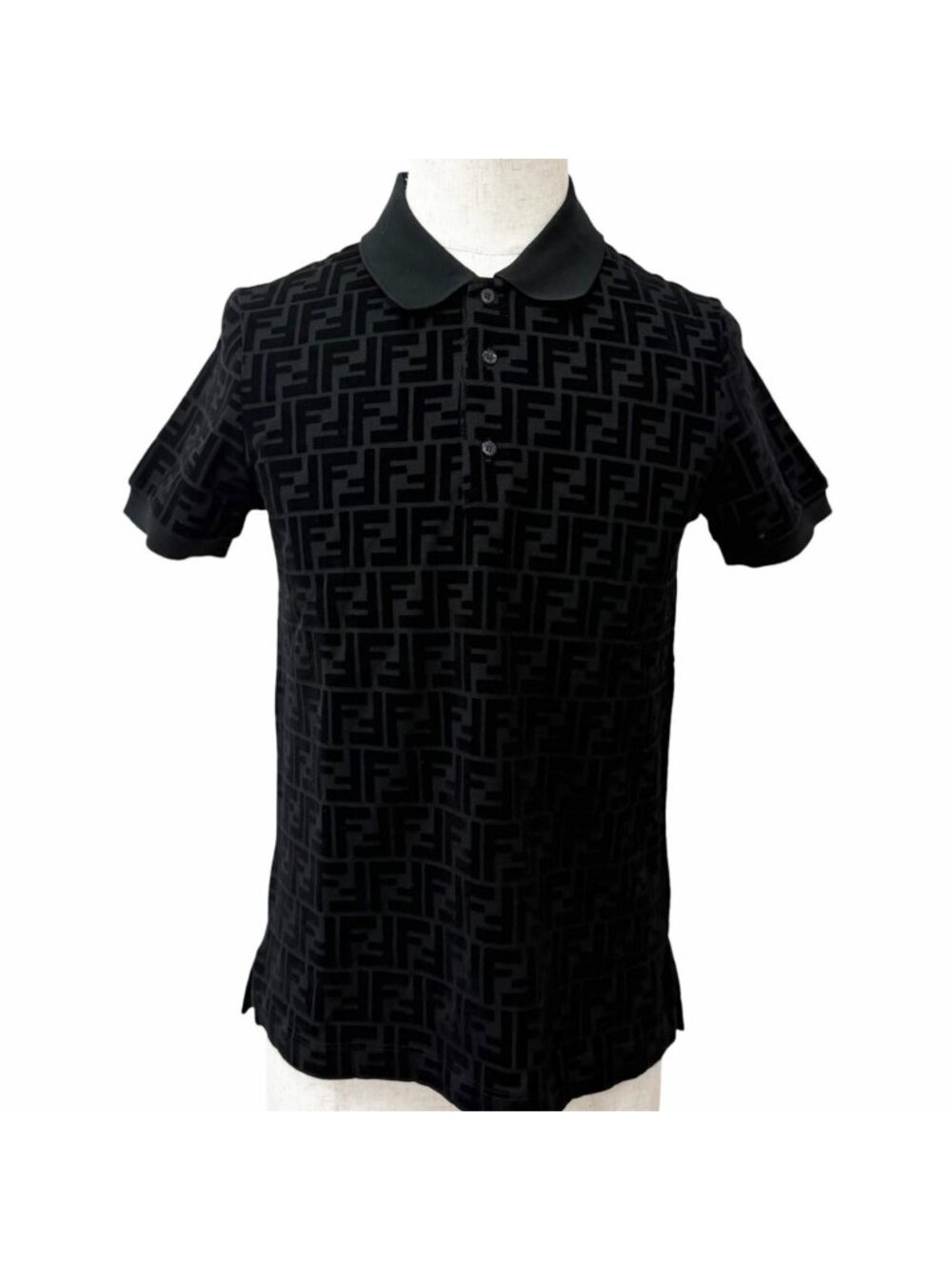 Fendi FF Embossed Logo Velour Short Sleeve Polo Shirt Black XXS